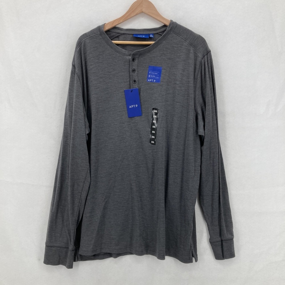 APT.9 Shirt Mens 2XL Gray Henley Long Sleeve Soft Touch Natural Stretch Casual